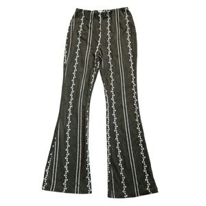 WILD HONEY Women's Medium Olive Green Embroidered Flare Leg Pants Boho‎ Festival